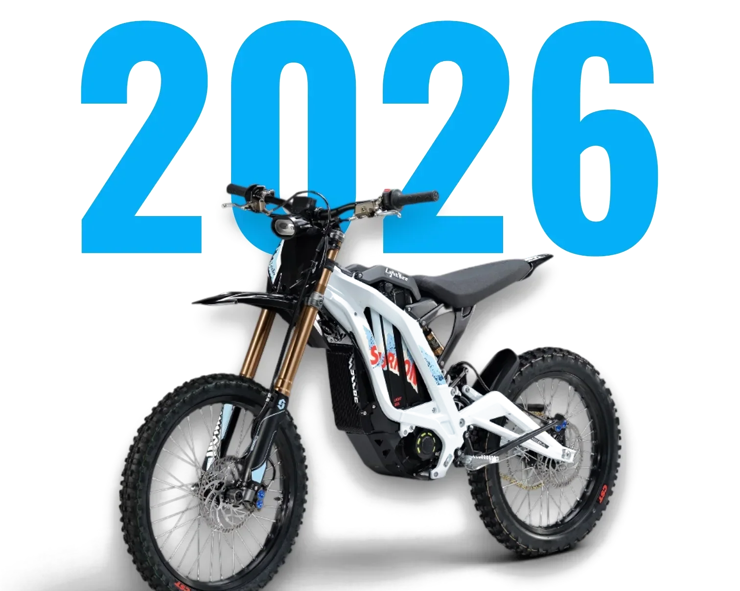 Sur-Ron Light Bee 2026 white electric dirt bike with blue 2026 background text
