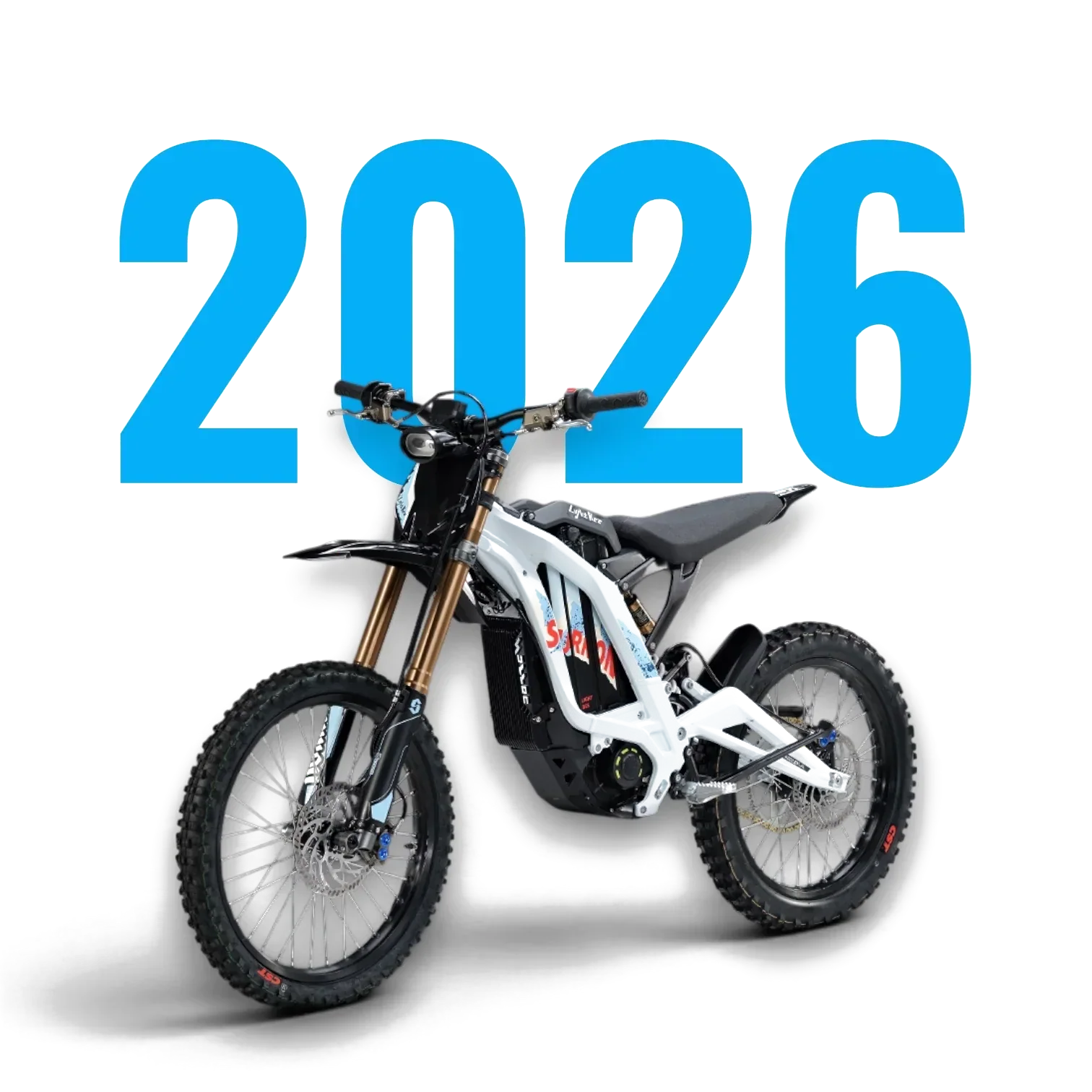 Sur-Ron Light Bee 2026 white electric dirt bike with blue 2026 background text