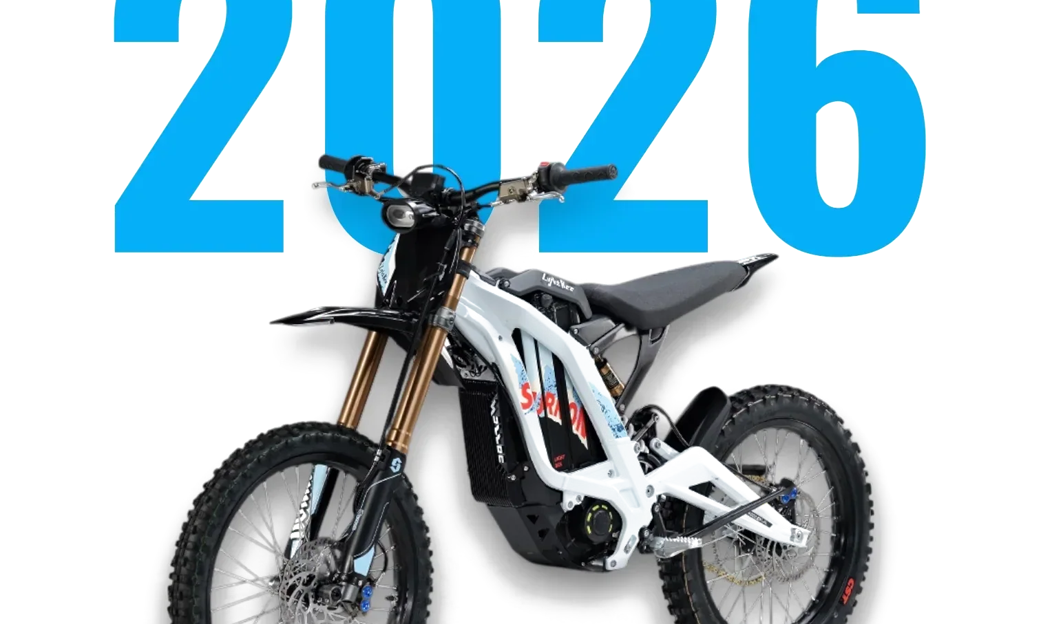 Sur-Ron Light Bee 2026 white electric dirt bike with blue 2026 background text