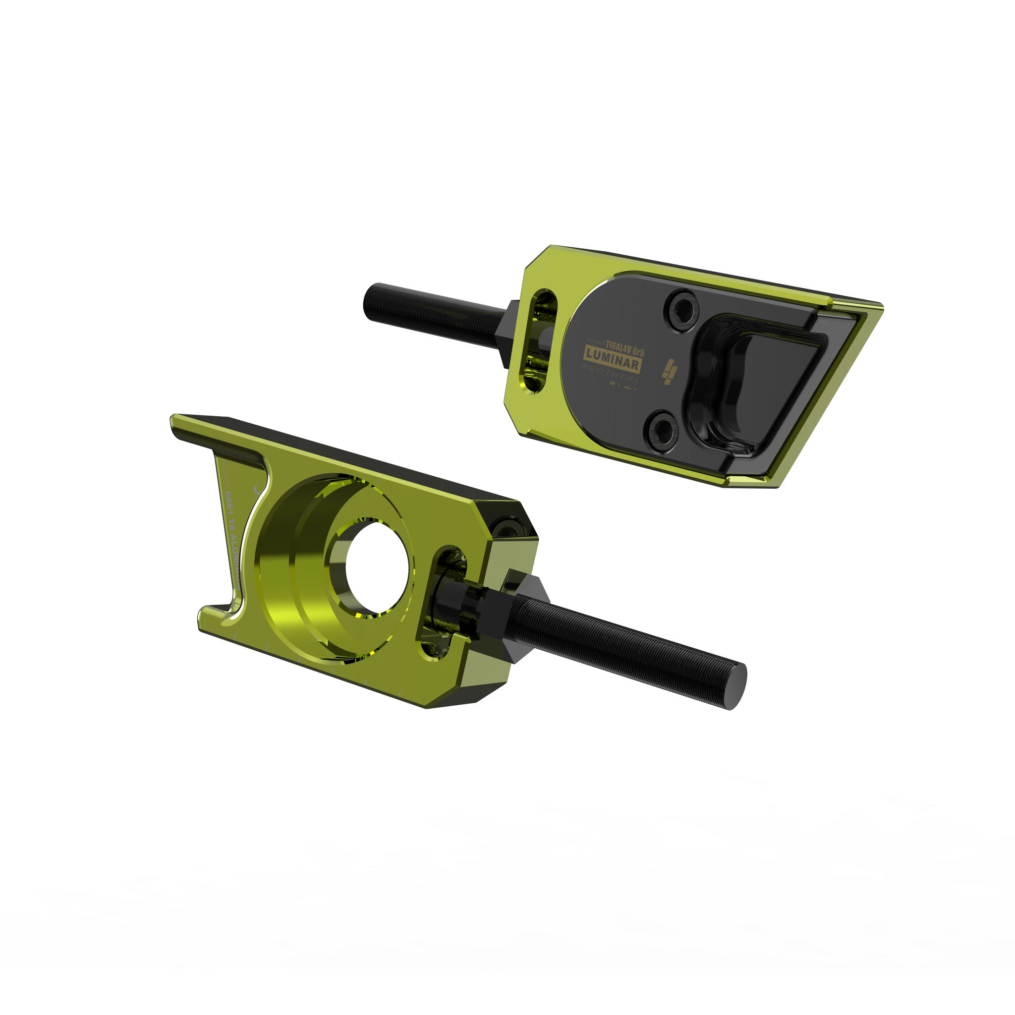 IZI Brothers axle blocks for Sur-Ron Light Bee swingarm - green exterior front view