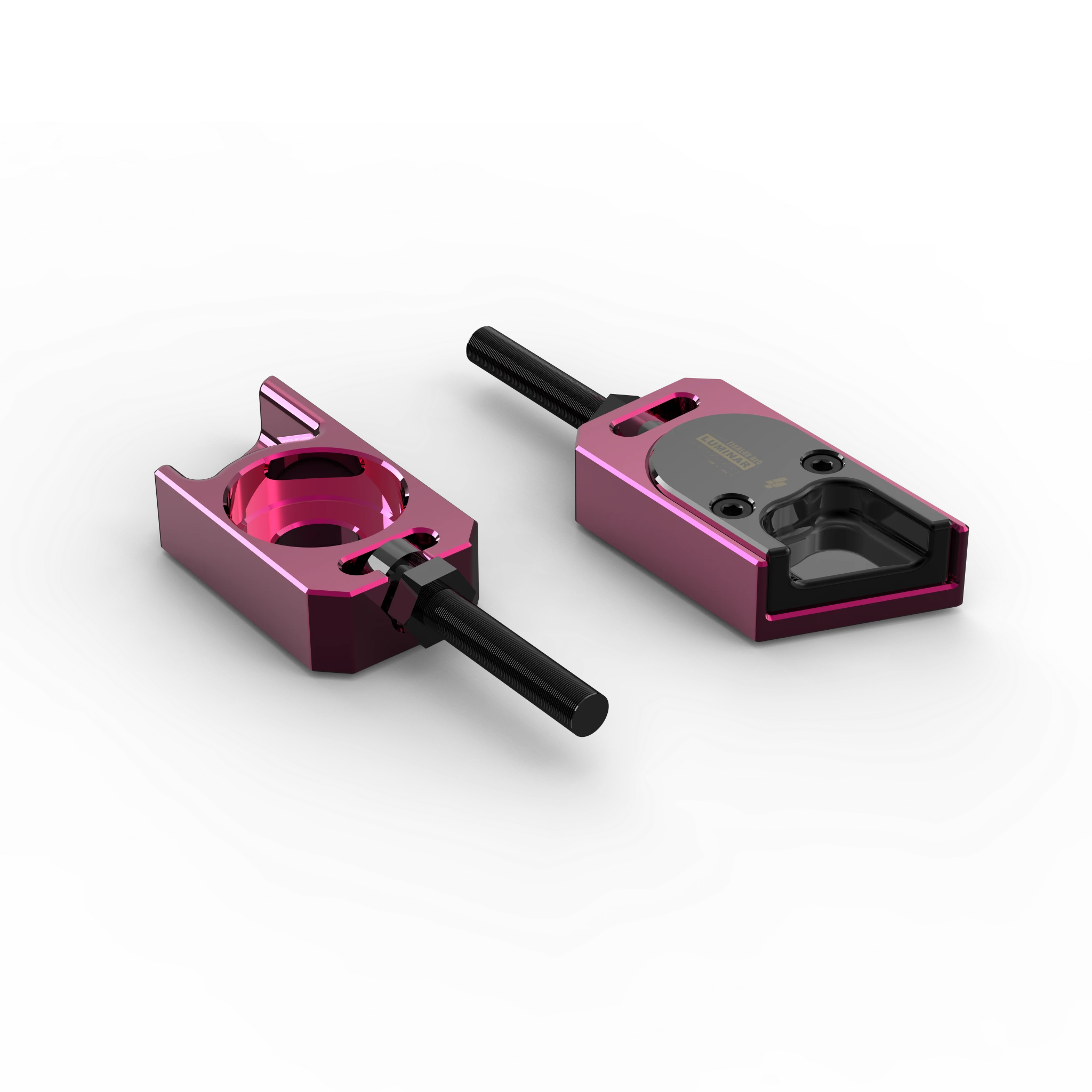 IZI Brothers axle blocks for Sur-Ron Light Bee swingarm - pink top exterior view of both pieces