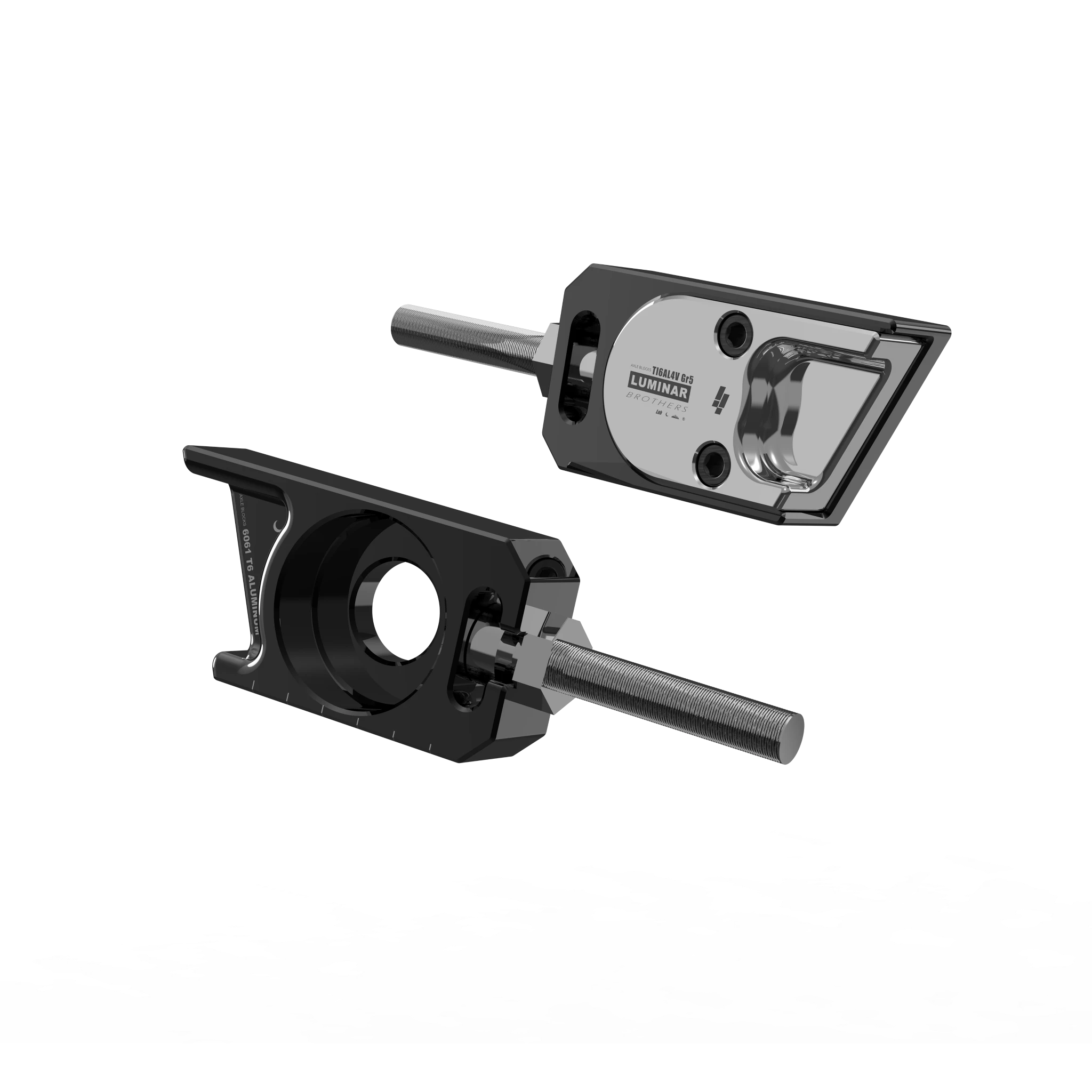 IZI Brothers axle blocks for Sur-Ron Light Bee swingarm - raw black exterior front view of both pieces