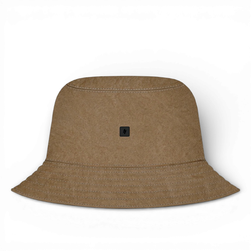 IZI Brothers nylon bucket hat beige front view with silicone patch logo