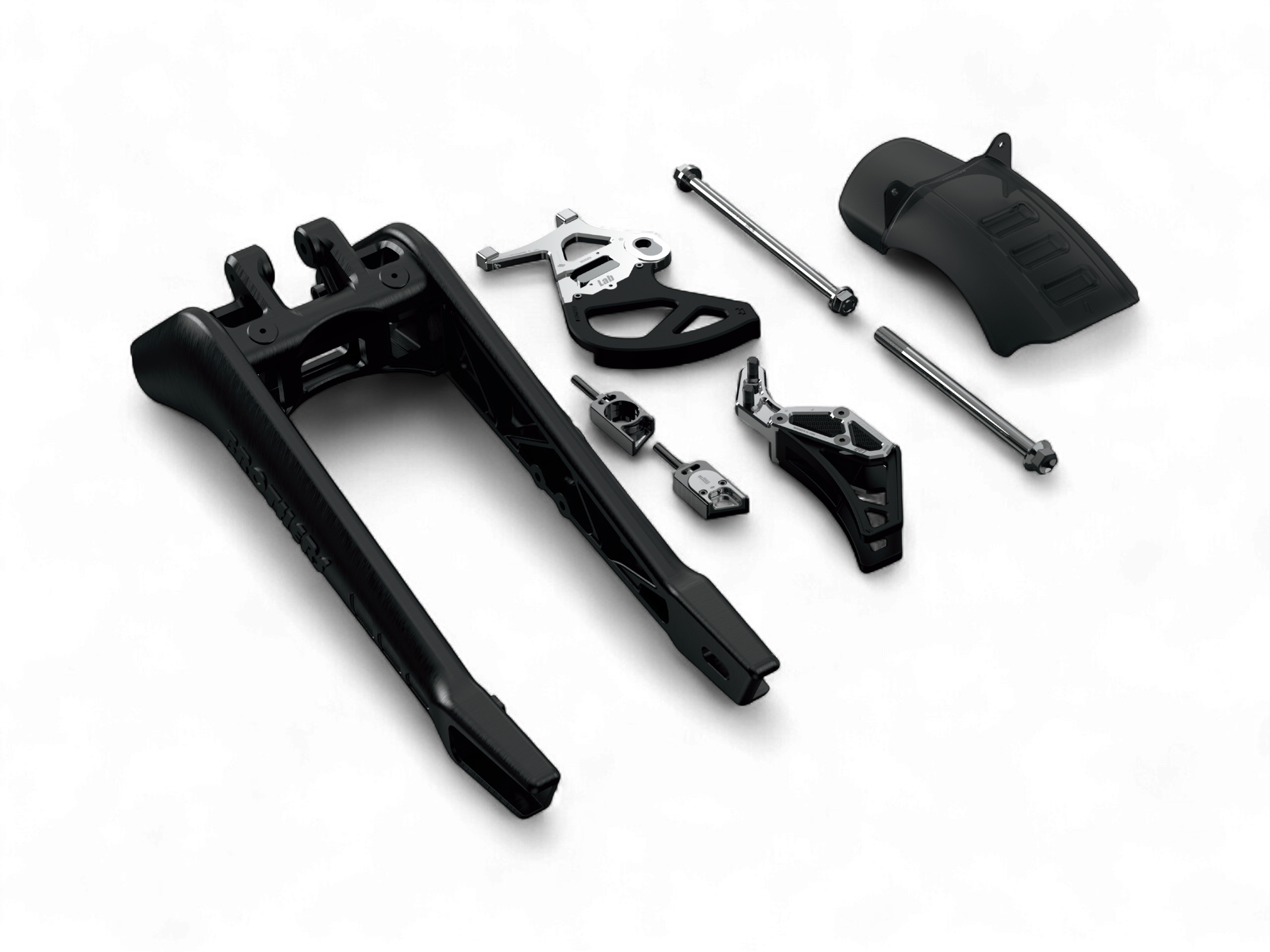IZI Brothers Swingarm Kit for Sur-Ron Light Bee, complete with swingarm, chain guide, disc guard, axle blocks, and titanium hardware.