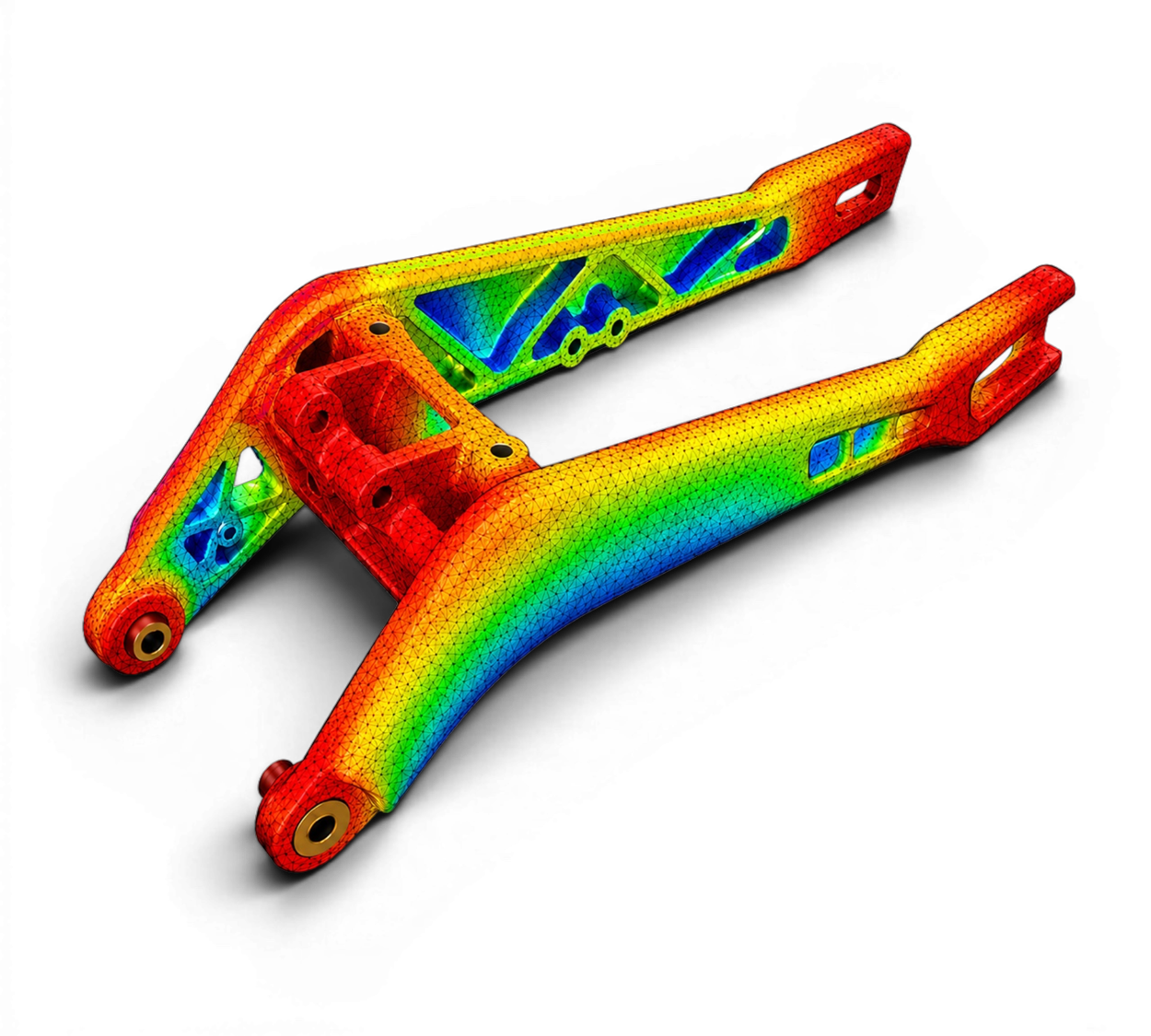 Stress distribution analysis of the IZI Brothers swingarm for Sur-Ron Light Bee, showing reinforced load-bearing zones.