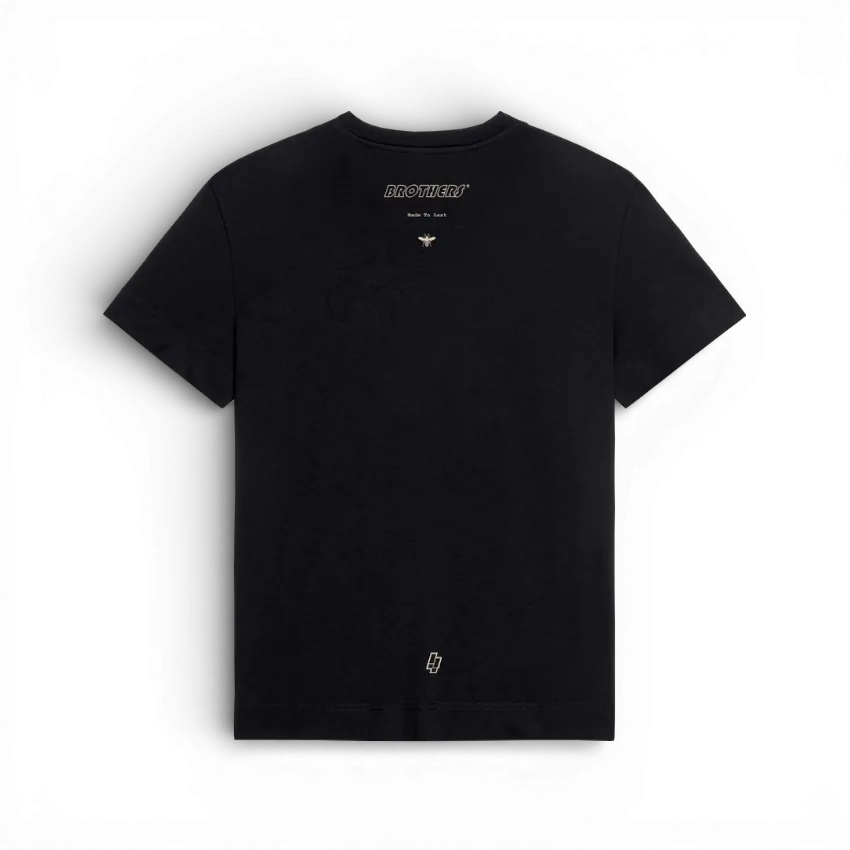 IZI Brothers classic patch cotton tee in black with printed BROTHERS graphic on the back, back view