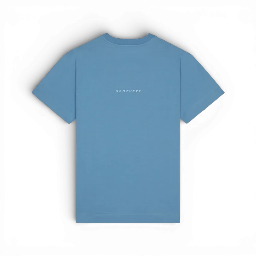 IZI Brothers classic patch cotton tee in blue with embroidered icon logo on the back, back view