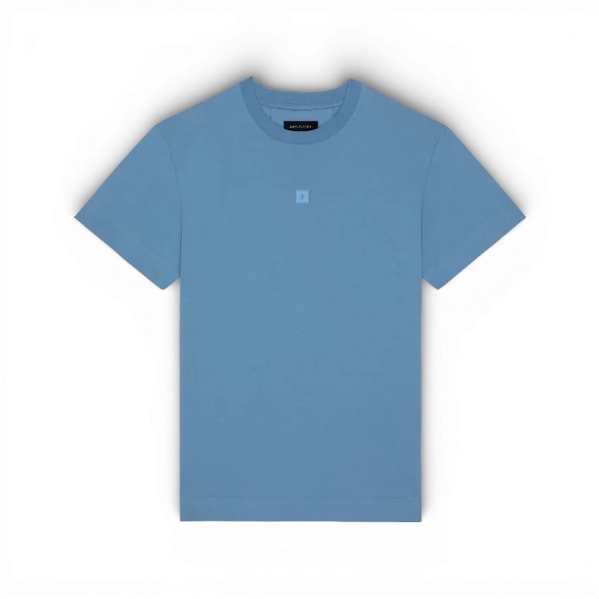 IZI Brothers classic patch cotton tee in blue with silicone patch logo on the front, front view