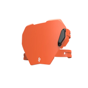 IZI Brothers orange front plate angled view for Sur-Ron Light Bee, Talaria Sting, and E-Ride Pro.