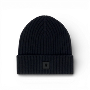 IZI Brothers black ribbed wool beanie with IZI patch, front view