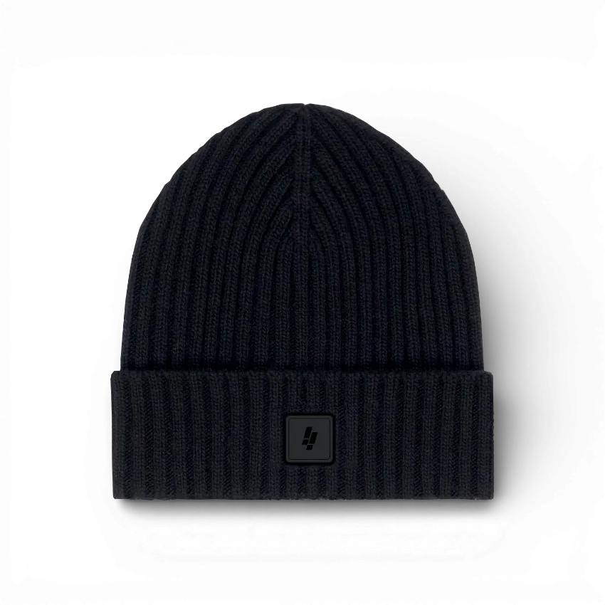 IZI Brothers black ribbed wool beanie with IZI patch, front view