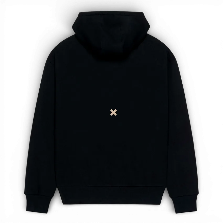 IZI Brothers zipped cotton hoodie in black with embroidered cross on the back, back view
