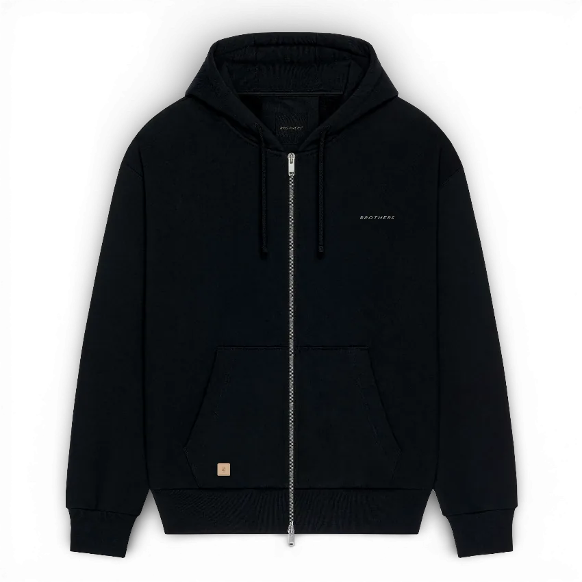 IZI Brothers zipped cotton hoodie in black with silicone IZI BROTHERS patch, front view